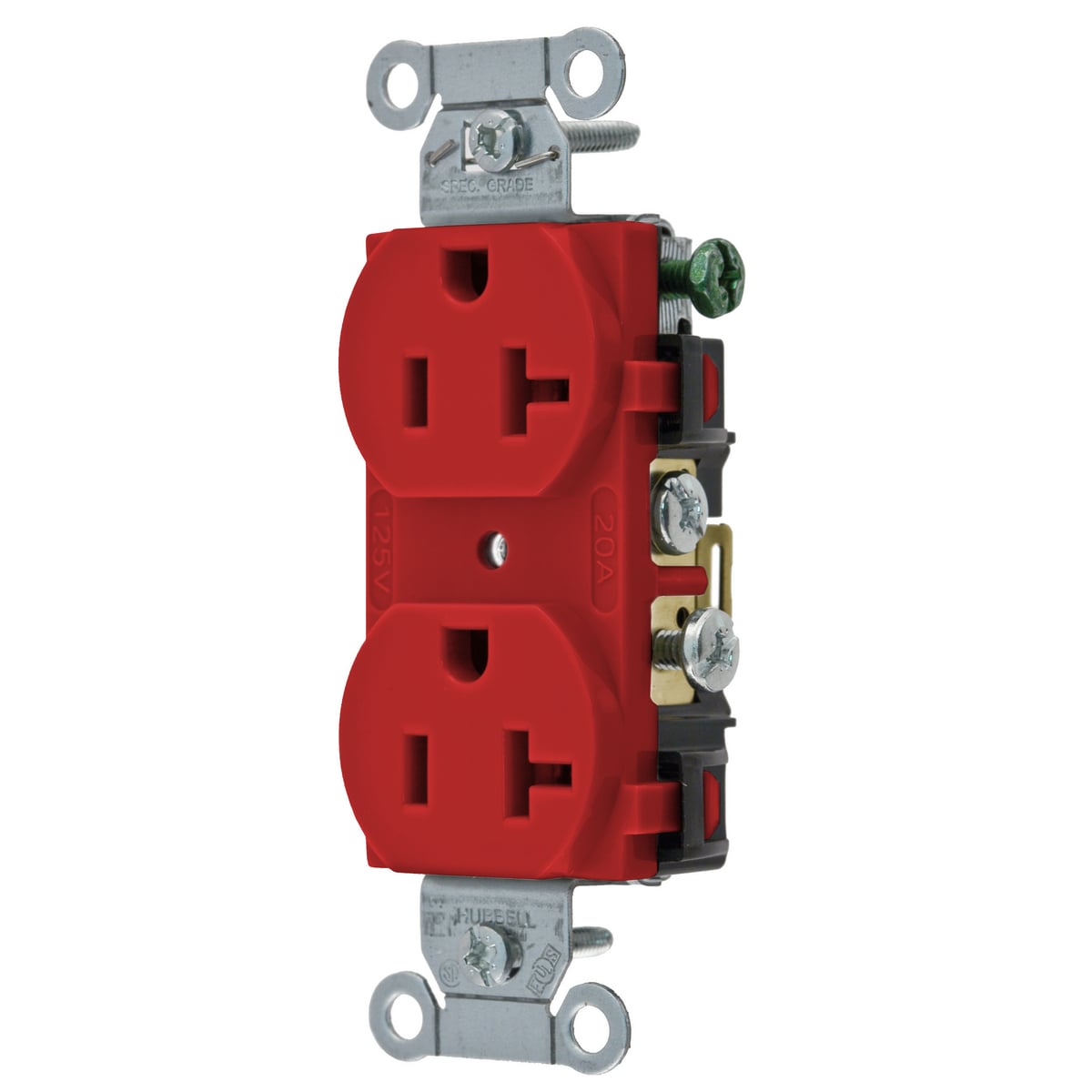 CR20R 1-Phase Duplex Standard Traditional Screw Mount Straight Blade Receptacle, 125 V AC, 20 A, 2 Poles, 3 Wires, Red