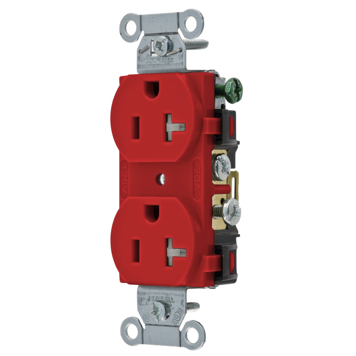 CR20RTR 1-Phase Duplex Standard Tamper Resistant Traditional Screw Mount Straight Blade Receptacle, 125 V AC, 20 A, 2 Poles, 3 Wires, Red
