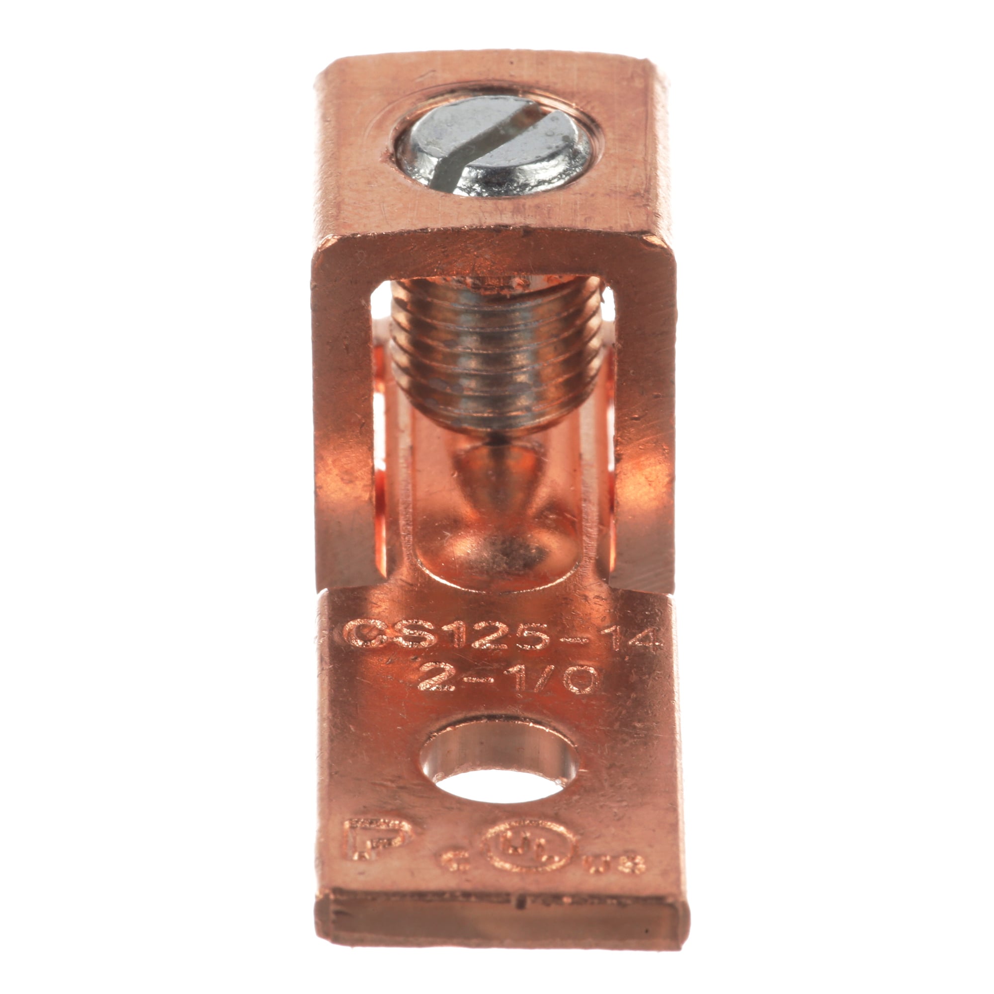 CS125-14SL-QY Pan-Lug 1-Barrel Mechanical Connector Lug, 2 to 1/0 AWG Stranded Copper Conductor, 1/4 in Stud, 1 Bolt Holes, Copper