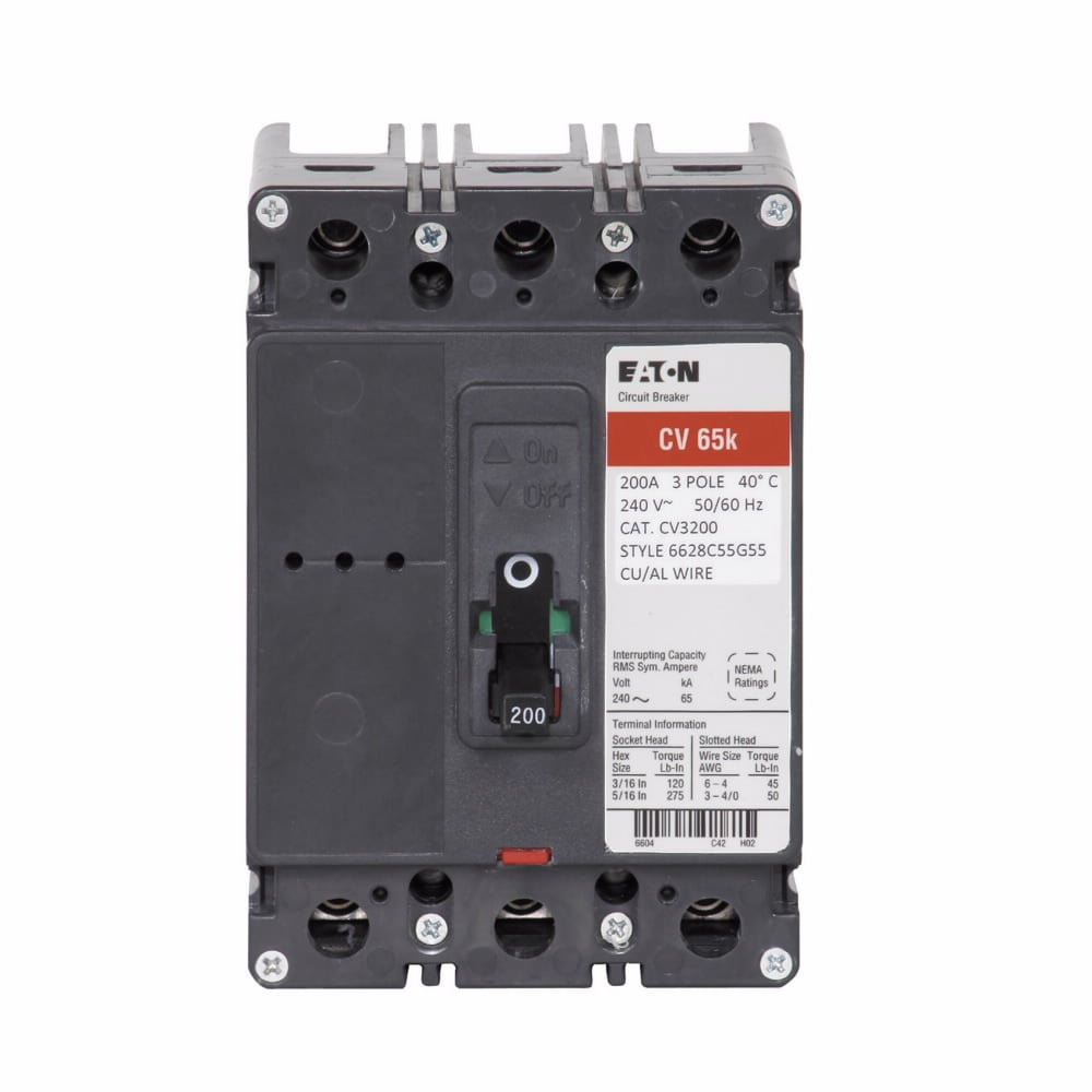 CVS3200X Type CV Tenant Molded Case Circuit Breaker, 120/240 V AC, 200 A, 42 kA Interrupt, 3 Poles, Thermal Magnetic Trip