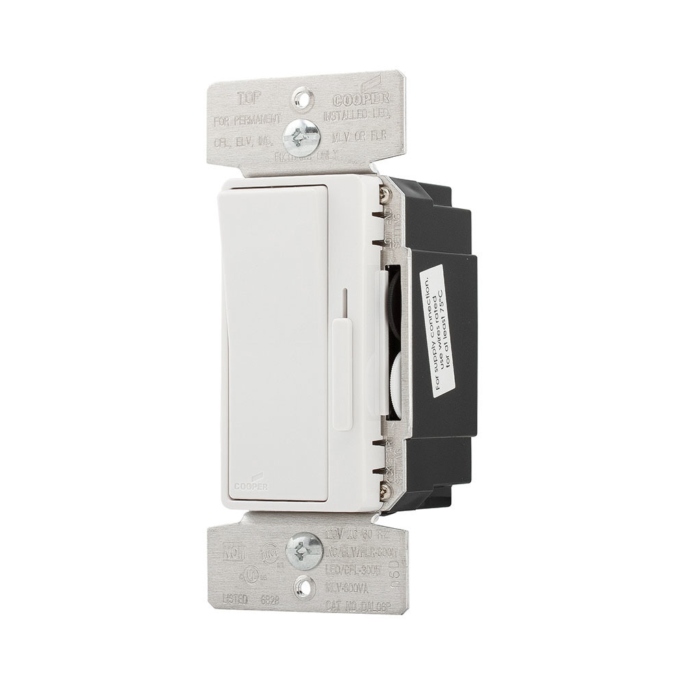 Eaton decorator dimmer, Preset feature, #14 - 12 AWG, 120V, Bck and sd wiring, Slide actuator, Screw term conn, Indoor, 60 Hz, LED, CFL, incand, halo, FLR, MLV, ELV, 1-pole, 3-way, multi-locat, Polycarb housing, 600W 731068