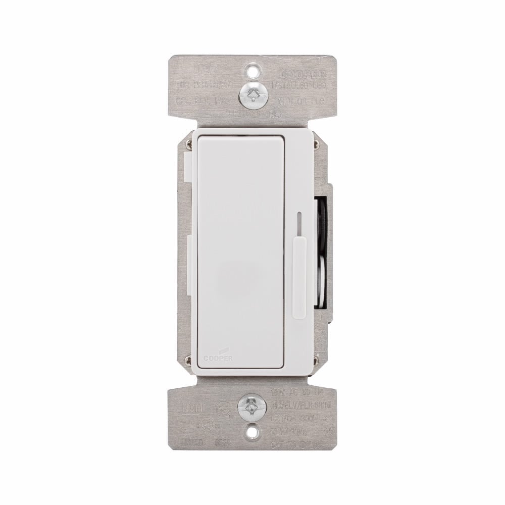 Eaton decorator dimmer, Preset feature, #14-12 AWG, 120V, Bck and sd wiring, Slide actuator, Screw term conn, Black, wht, gray, Indoor, 60 Hz, LED, CFL, incand, halo, FLR, MLV, ELV, 1-pole, 3-way, multi-locat, Polycarb housing, 600W 731495