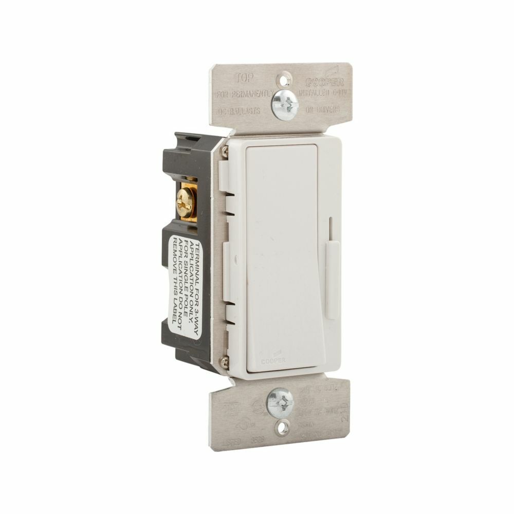 Eaton decorator dimmer, Preset feature, #14 - 12 AWG, 120/277V, Bck and sd wiring, Slide actuator, Black, wht, gray, 1000 sq ft coverage illumination, LED, FLR, 1-pole, 3-way, 1200W, 1660W 736858