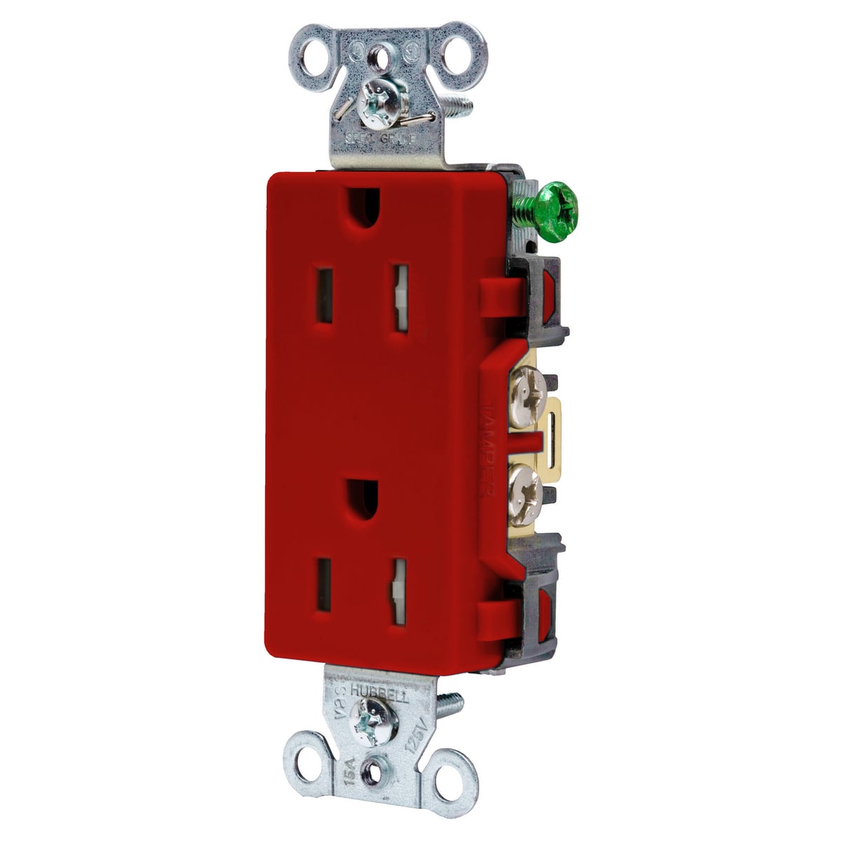 DR15RTR 1-Phase Decorator Duplex Standard Tamper-Resistant Screw Mount Straight Blade Receptacle, 125 V AC, 15 A, 2 Poles, 3 Wires, Red