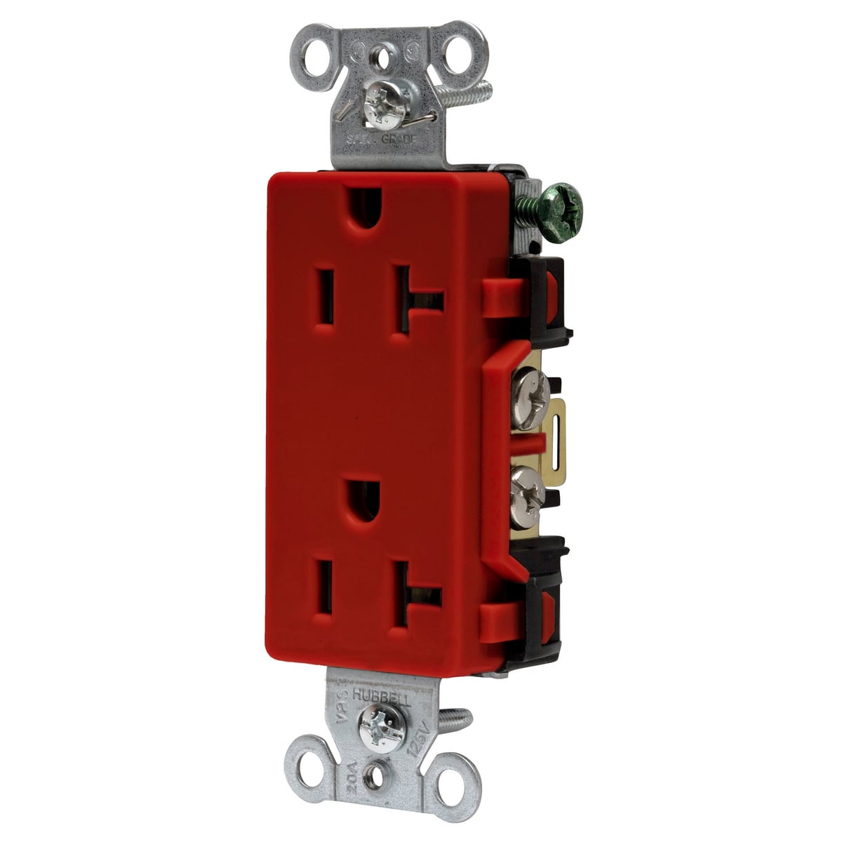 DR20R 1-Phase Decorator Duplex Self-Grounding Standard Smooth Face Screw Mount Straight Blade Receptacle, 125 V AC, 20 A, 2 Poles, 3 Wires, Red
