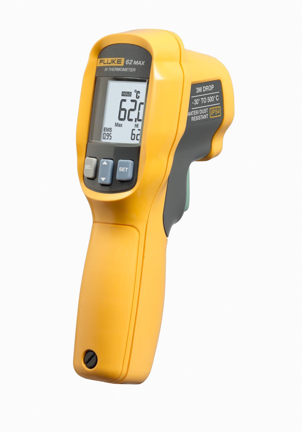 FLUKE-62-MAX Mini Infrared Thermometer, 32 to 122 deg F, +/-1.5 deg C or +/-1.5% of Reading, Whichever is Greater, -10 to 0 deg C: +/-2.0, -30 to -10 deg C: +/-3.0 Accuracy, 10:1 Focus Spot, 0.1 to 1, AA Battery