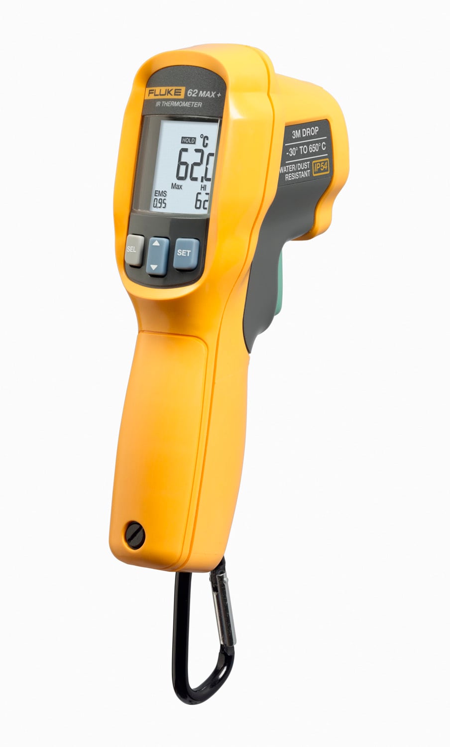 FLUKE-62MAX+ Handheld Infrared Thermometer, 32 to 122 deg F, +/-1.0 deg C or +/-1.0% of Reading, Whichever is Greater, -10 to 0 deg C: +/-2.0, -30 to -10 deg C: +/-3.0 Accuracy, 12:1 Focus Spot, 0.1 to 1, AA Battery