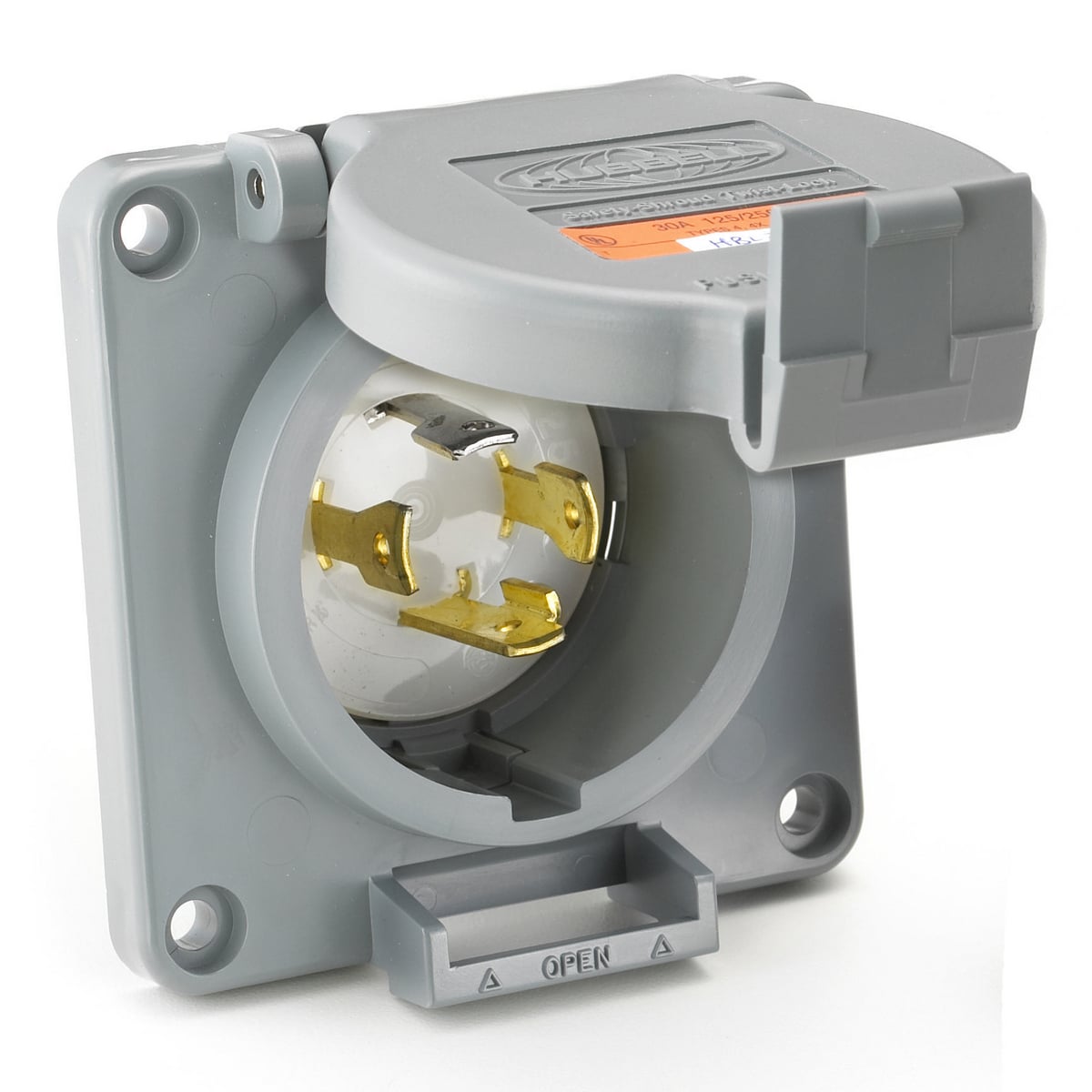 HBL2625SWR Grounding Watertight Flanged Inlet, 250 VAC, 30 A, 2 Poles, 3 Wires, Gray/White