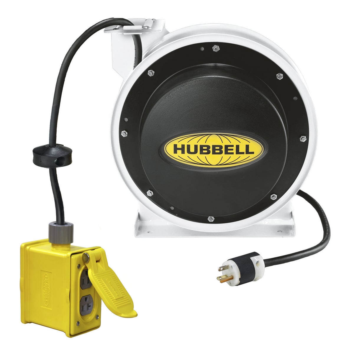 HBL45123R220W Heavy Duty Power Cord Reel With Portable Box and (2) 5252GRY 20 A Duplex Receptacles, 125 VAC, 20 A, 45 ft L Cord, 12/6 AWG Conductor