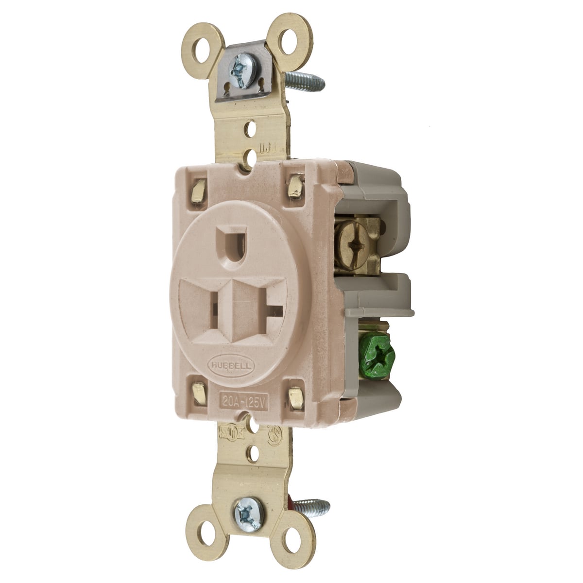 HBL5361LA 1-Phase Extra Heavy Duty Self-Grounding Single Standard Screw Mount Straight Blade Receptacle, 125 V AC, 20 A, 2 Poles, 3 Wires, Light Almond