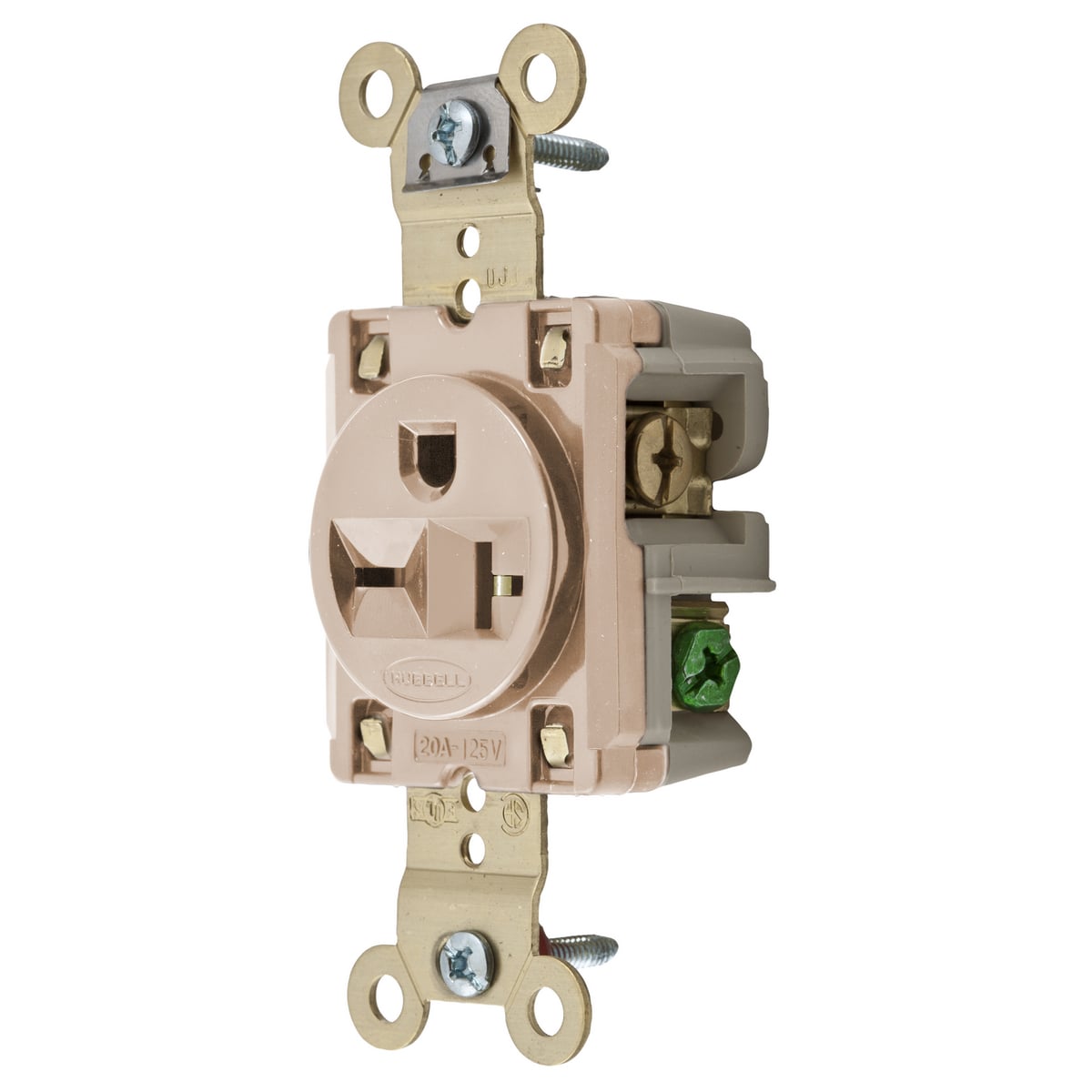 HBL5461LA Single Straight Blade Receptacle, 250 V AC, 20 A, 2 Poles, 3 Wires, Light Almond