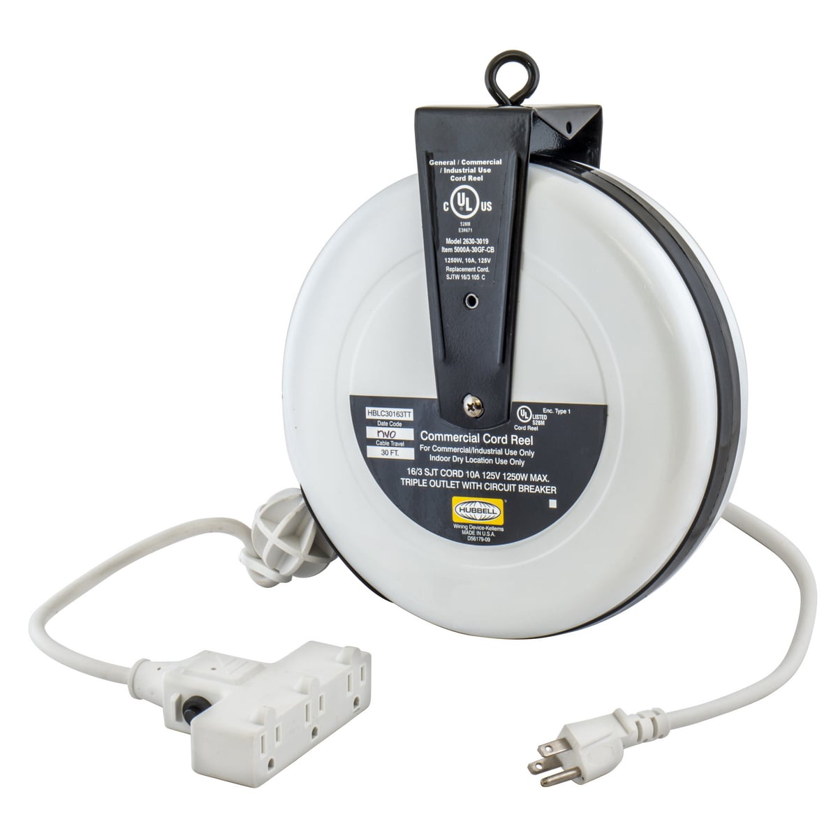 HBLC30163TT Heavy Duty Cord and Cable Reel With Triple Tap Outlet, 125 VAC, 10 A, 30 ft L Cord, 16 AWG Conductor