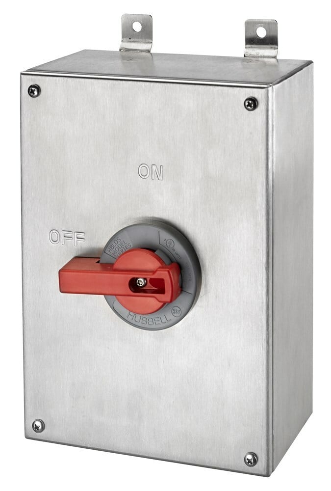 HBLDS10SSAC 2-Position Industrial Grade Square Top Standard Unfused Disconnect Switch With HBLAC1 Auxiliary Contact, 600 V, 100 A, 50 hp, 2-Position Contact, 3 Poles