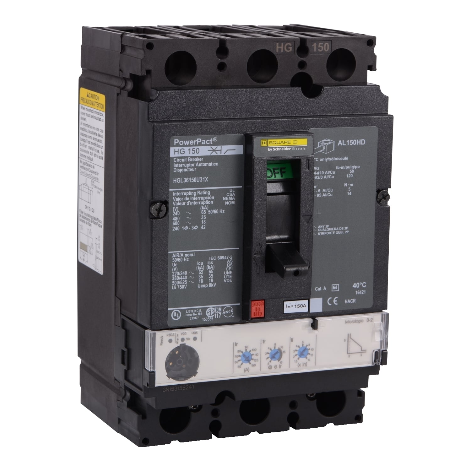 HGL36150U31X Molded Case Circuit Breaker, 150 Amp, 3 Pole, 600V