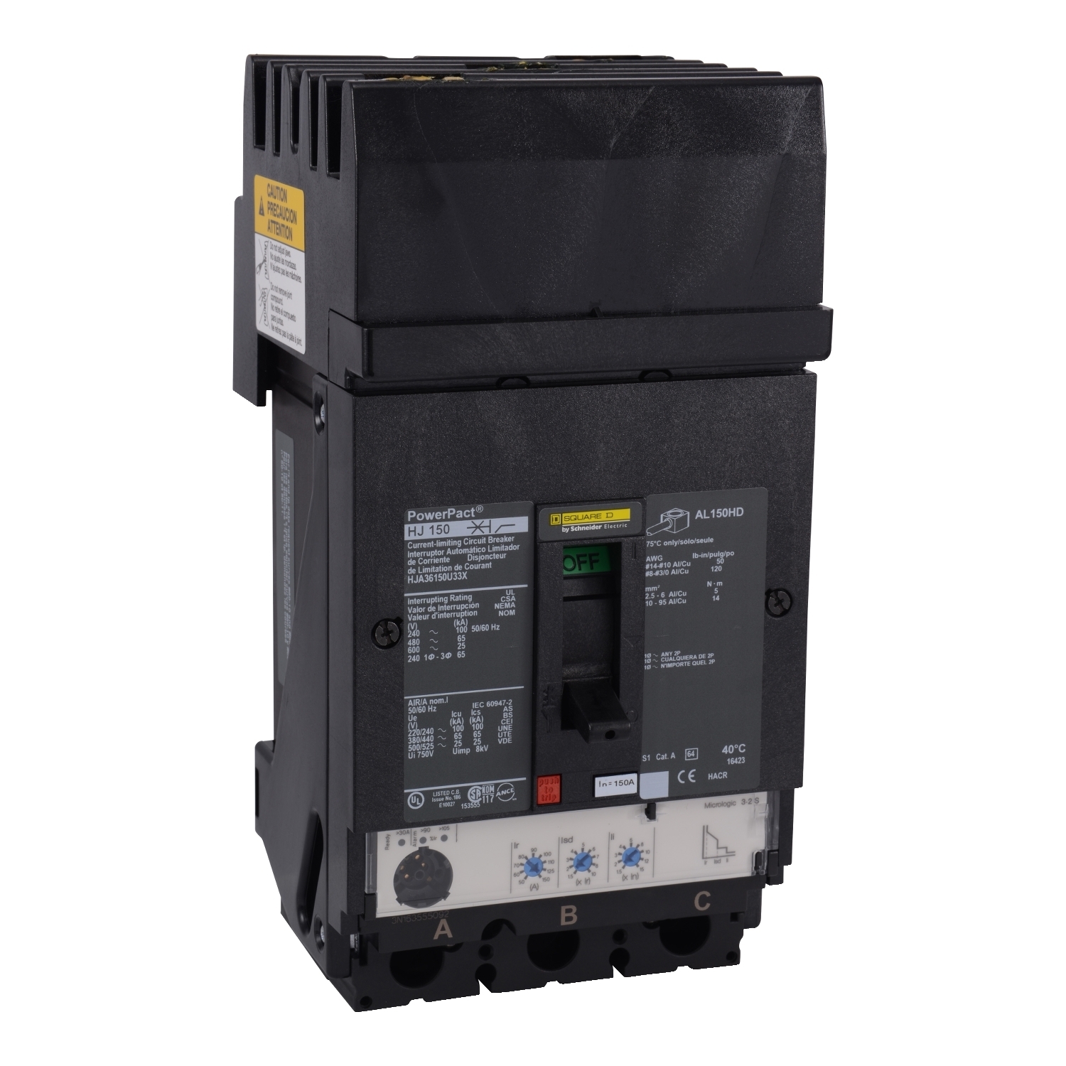 HJA36150U33X Molded Case Circuit Breaker, 150 Amp, 3 Pole, 600V