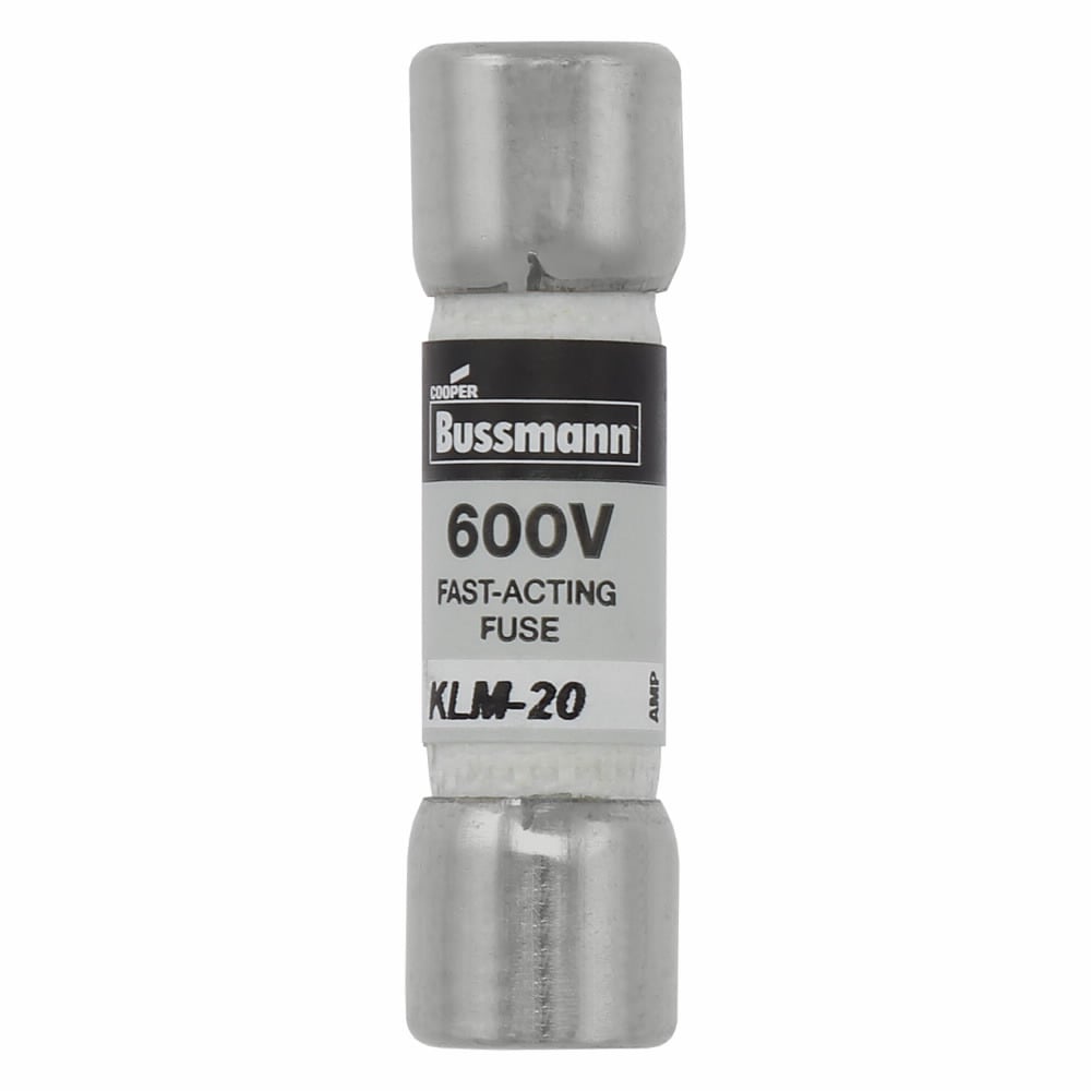 Eaton Bussmann series KLM fuse, LIMITRON Fast-acting fuse, 20 A, Non-indicating, Ferrule end x ferrule end, 100 kAIC at 600 V,50 kAIC at 600 Vdc, Melamine tube,Nickel-plated bronze endcap, 600 V, 600 Vdc