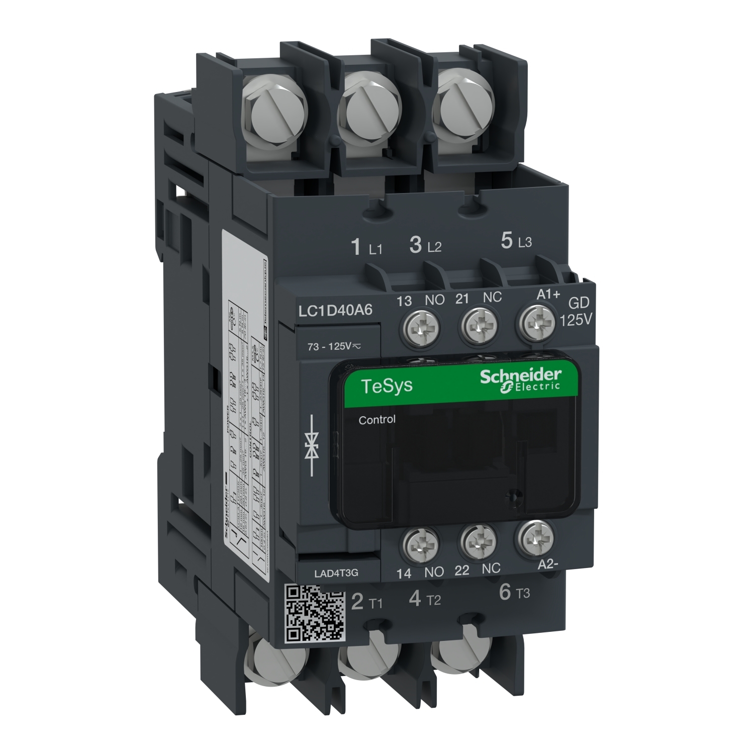 LC1D40A6GD TeSys D Contactor With Safety Cover, 125 V DC V Coil, 60 A, 3NO Contact, 3 Poles