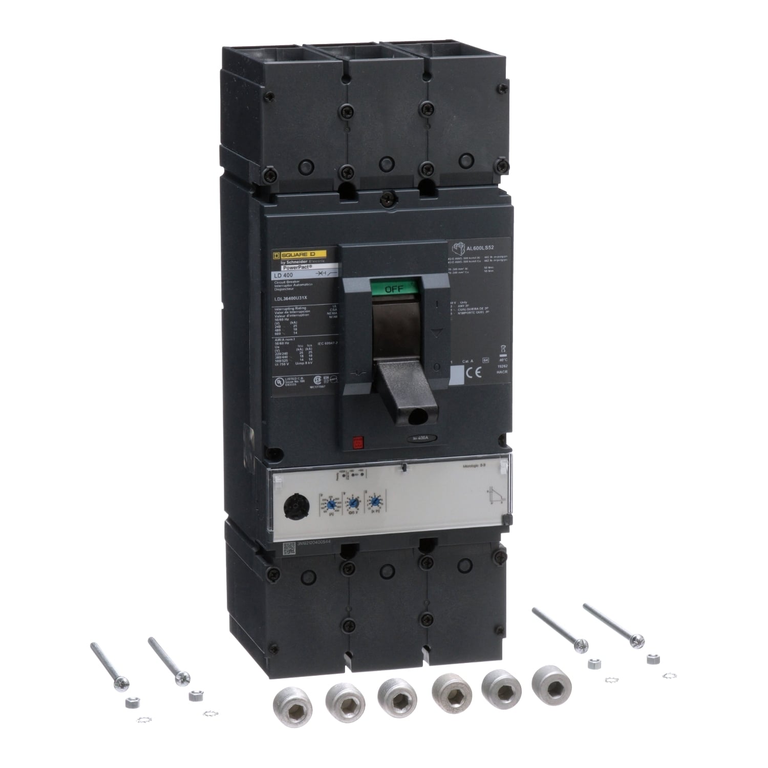 LDL36400U31X PowerPact 80% Rated Molded Case Circuit Breaker, 600 V AC, 400 A, 14 kA Interrupt, 3 Poles, Electronic Trip
