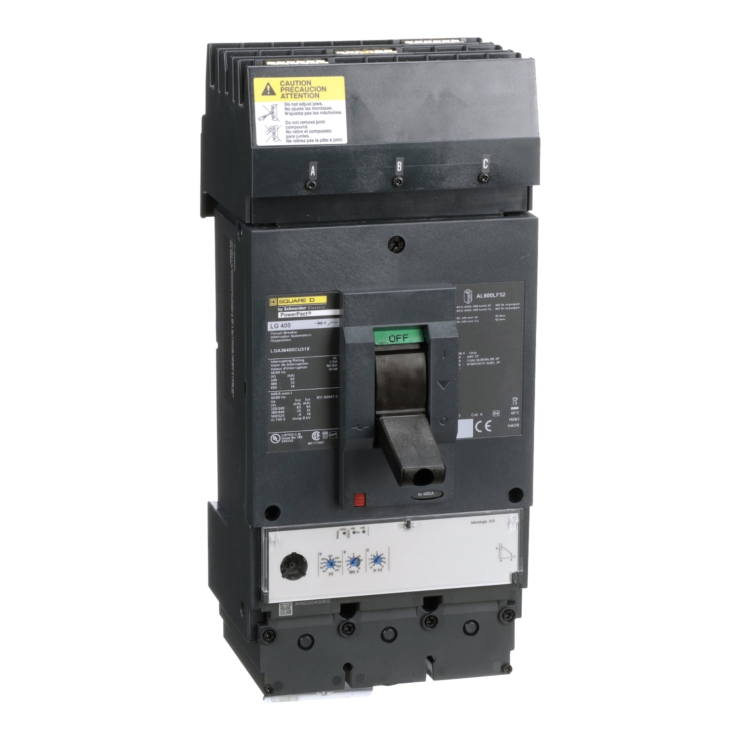 LGA36400CU31X I-Line PowerPact 100% Rated Molded Case Circuit Breaker With Micrologic Trip Unit, 600 V AC, 400 A, 18/35/65 kA Interrupt, 3 Poles, Electronic Trip