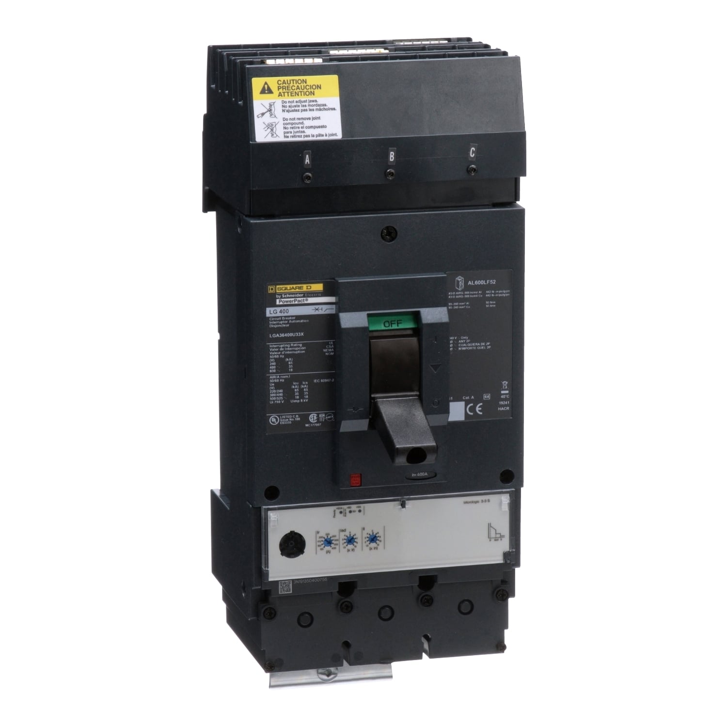 LGA36400U33X I-Line PowerPact Standard L Molded Case Circuit Breaker, 600 V AC, 400 A, 65 kA at 240 V AC/35 kA at 480 V AC/18 kA at 600 V AC Interrupt, 3 Poles, Electronic Trip