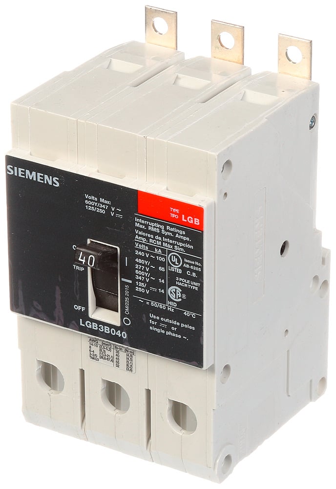 LGB3B040B Type LGB Low Voltage Molded Case Circuit Breaker, 480 V AC, 40 A, 65 kA Interrupt, 3 Poles, Thermal Magnetic Trip
