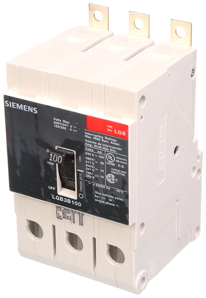 LGB3B100B Type LGB Low Voltage Molded Case Circuit Breaker, 480 V AC, 100 A, 65 kA Interrupt, 3 Poles, Thermal Magnetic Trip