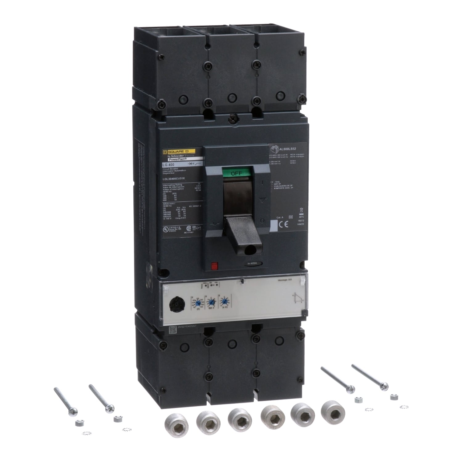 LGL36400CU31X PowerPact 100% Rated Molded Case Circuit Breaker, 600 V AC, 400 A, 18 kA at 600 V AC Interrupt, 3 Poles, Electronic Trip