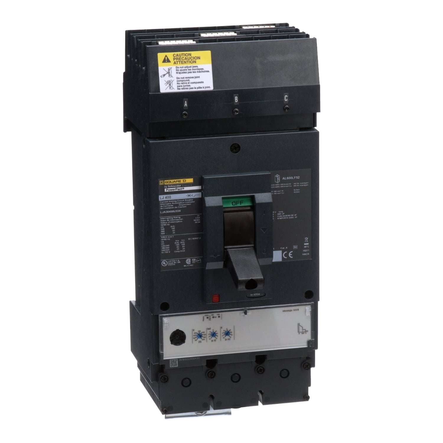 LJA36400U33X I-Line PowerPact Current Limiter Standard L Molded Case Circuit Breaker, 600 V AC, 400 A, 25/65/100 kA Interrupt, 3 Poles, Electronic Trip