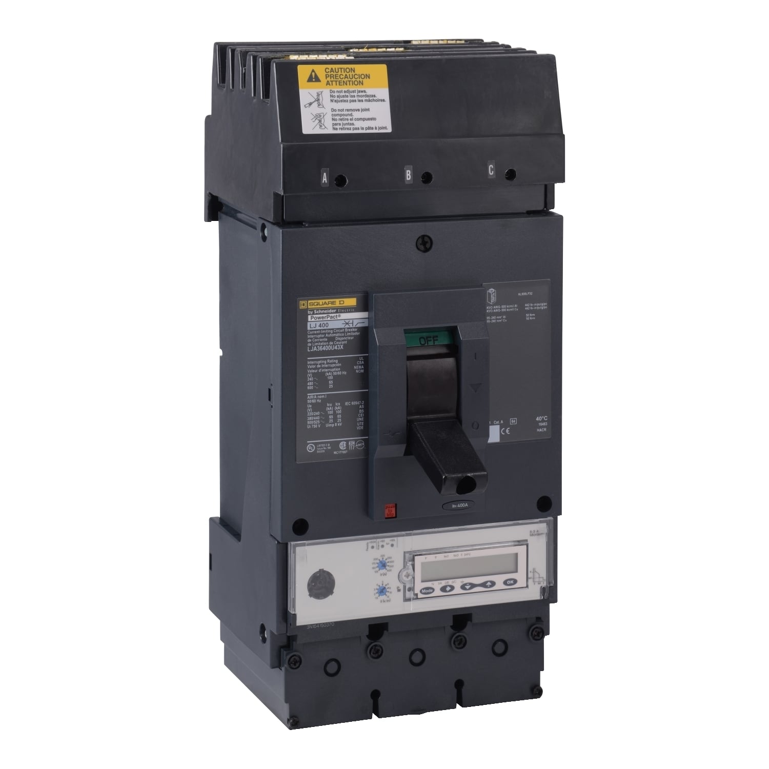 LJA36400U43X I-Line PowerPact 80% Rated Current Limiter L Molded Case Circuit Breaker, 600 V AC, 400 A, 25/65/100 kA Interrupt, 3 Poles, Electronic Trip