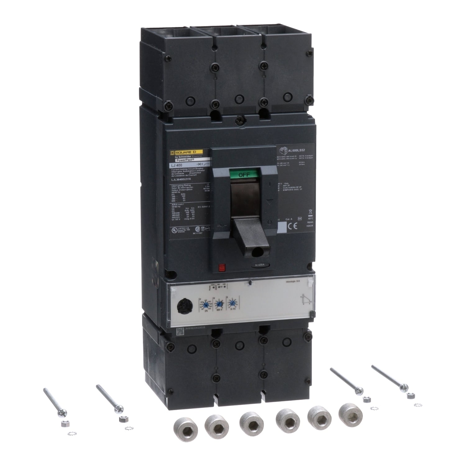 LJL36400U31X PowerPact 80% Rated Solid State Type LJL Molded Case Circuit Breaker, 600 V AC, 400 A, 25 kA at 600 V AC Interrupt, 3 Poles, Electronic Trip