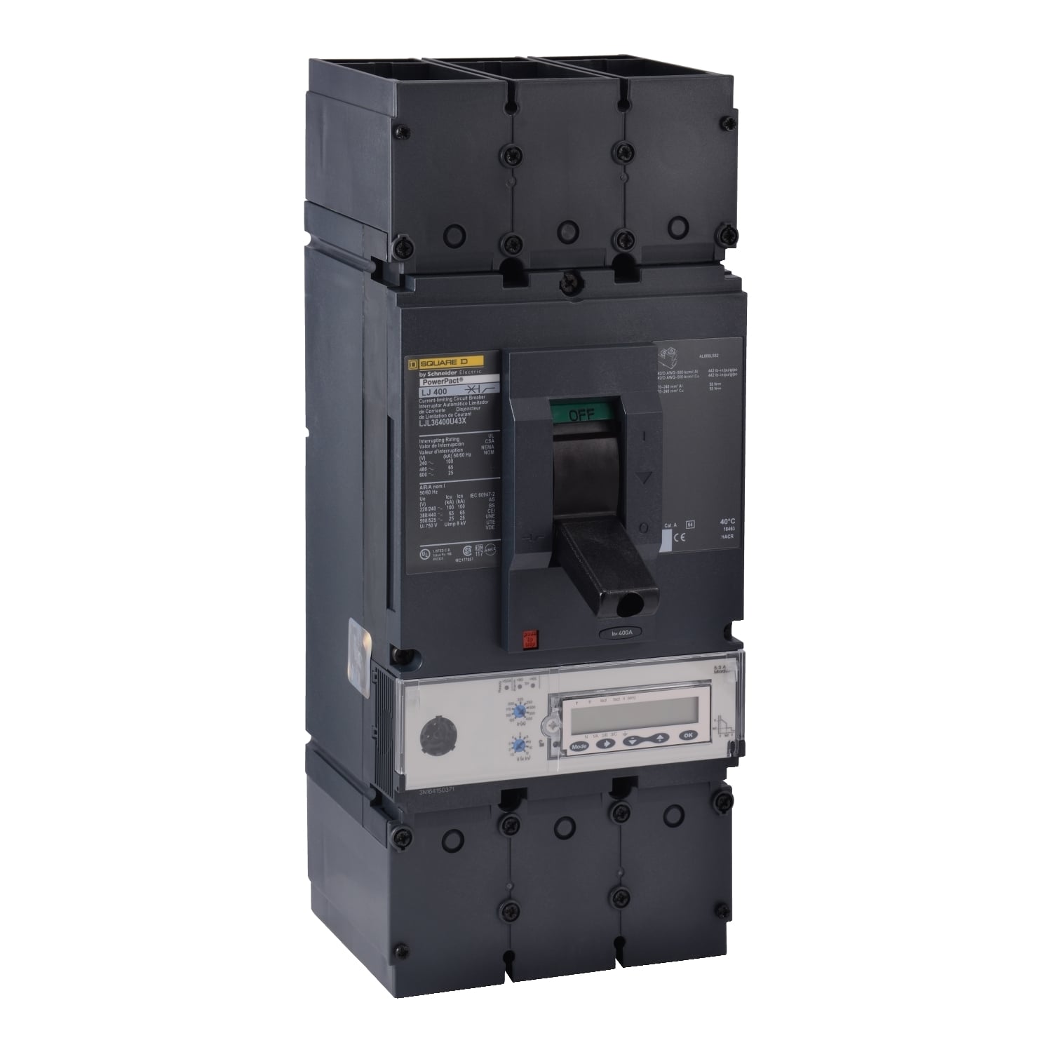 LJL36400U43X PowerPact 80% Rated L Molded Case Circuit Breaker, 600 V AC, 400 A, 100 kA at 240 V AC/65 kA at 480 V AC/25 kA at 600 V AC Interrupt, 3 Poles, Electronic Trip