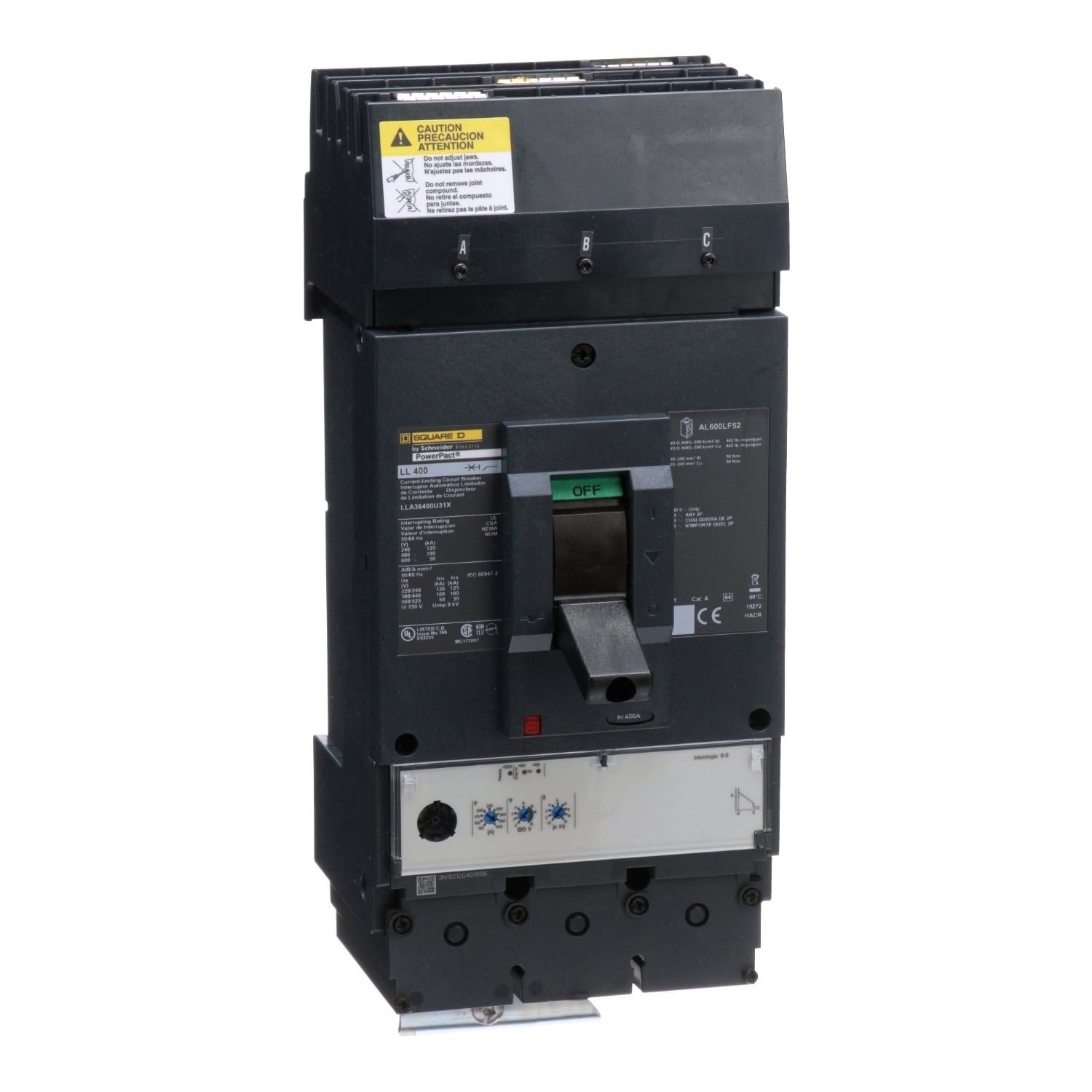 LLA36400U31X I-Line PowerPact Molded Case Circuit Breaker, 600 V AC, 400 A, 125 kA at 240 V AC/100 kA at 480 V AC/50 kA at 600 V AC Interrupt, 3 Poles, Electronic Trip