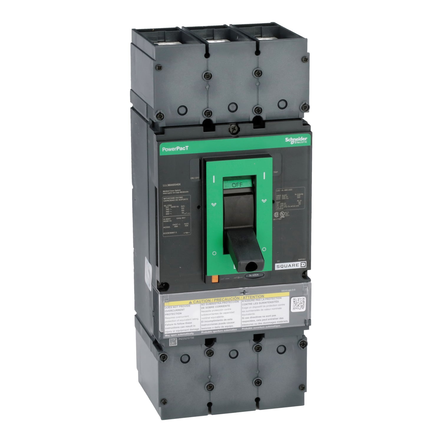 LLL36000S40X PowerPact Automatic L Molded Case Switch, 600 V AC, 400 A, 125 kA at 240 V AC/100 kA at 480 V AC/50 kA at 600 V AC/20 kA at 250 VDC/50 kA at 500 VDC Interrupt, 3 Poles, Magnetic Trip