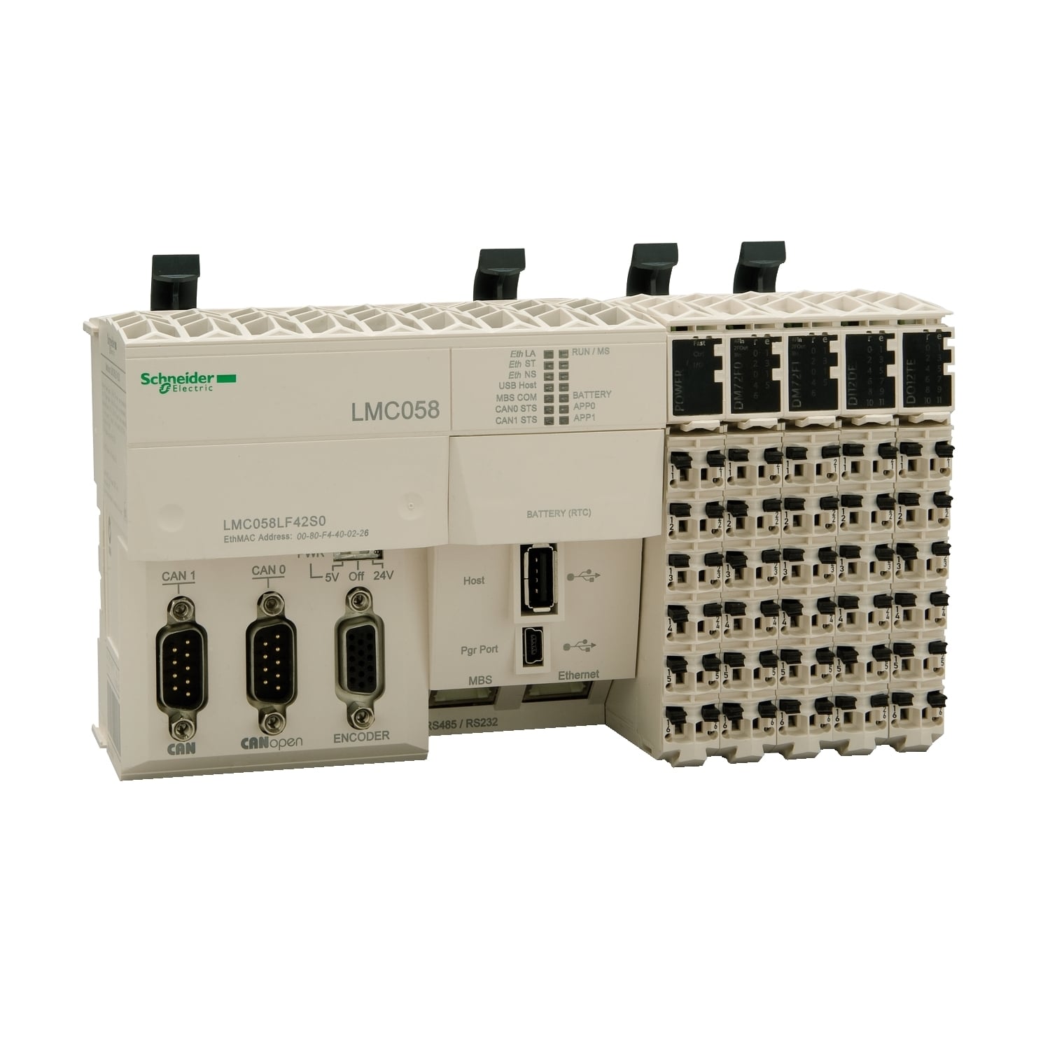 LMC058LF42 Modicon DIN Rail Mount Symmetrical Motion Controller, 20.4 to 28.8 VAC, 24 VDC, 0.04/0.28/10 A, 26 Inputs, 16 Outputs