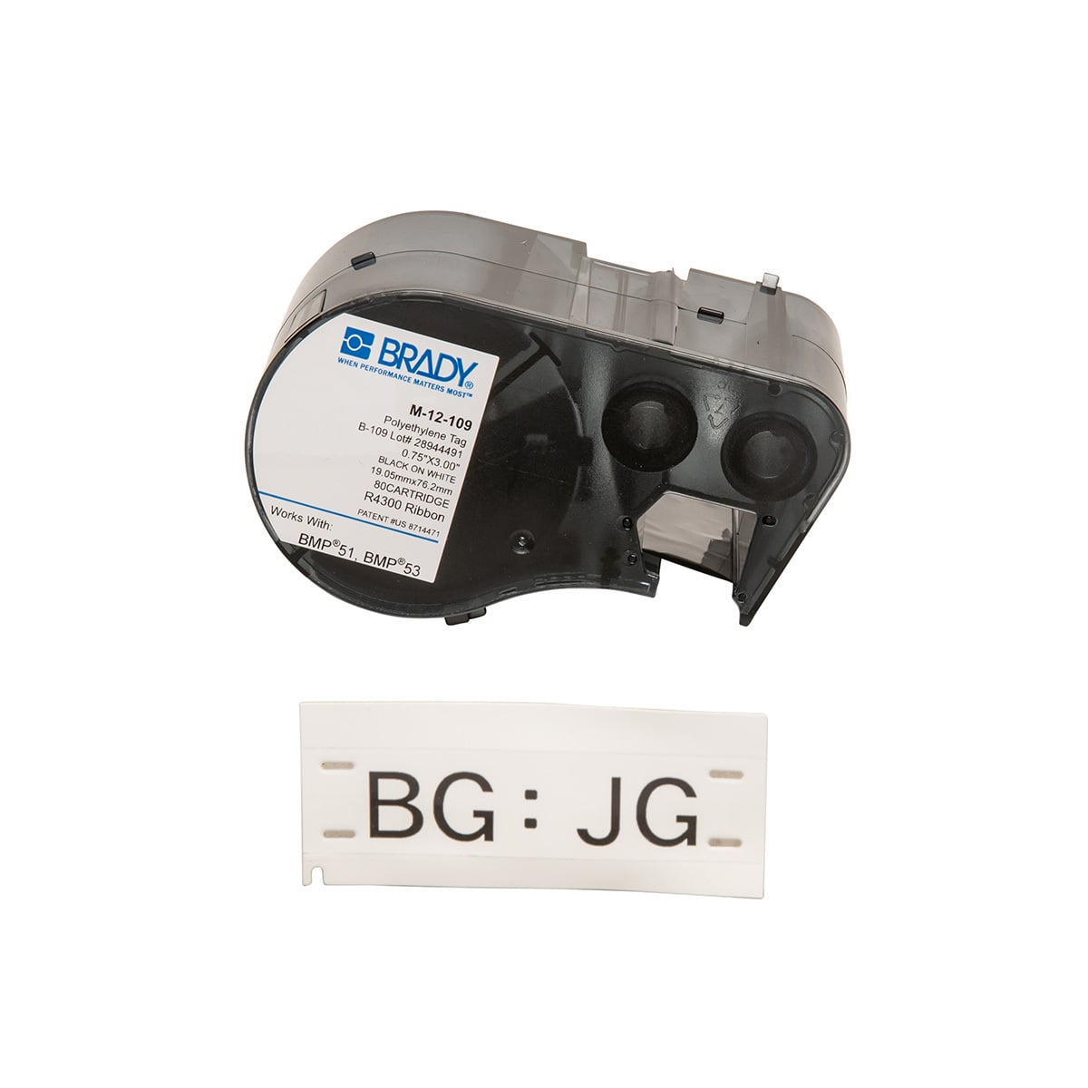M-12-109 M Series Rectangular Label Marker Cartridge, 3/4 in L x 3 in W, For Use With BMP 51 and BMP 53 Label Maker, B-109 Polyethylene, Black on White