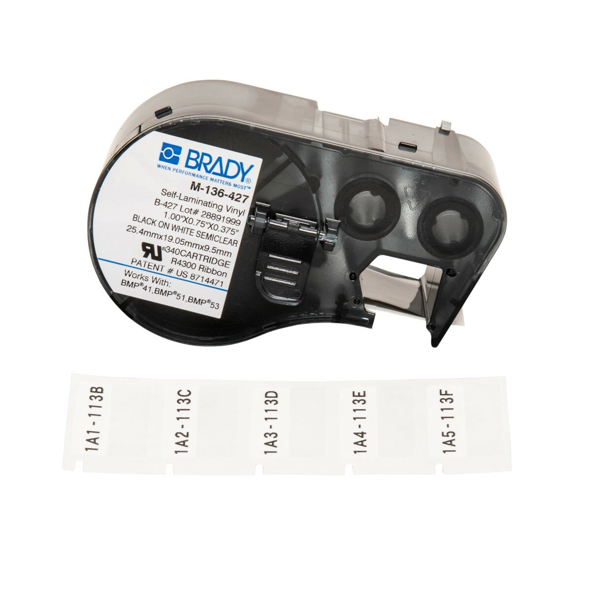 M-136-427 M Series Rectangular Label Marker Cartridge, 3/4 in L x 3/8 in W, For Use With BMP 41, BMP 51 and BMP 53 Label Makers, B-427 Vinyl, Black on Clear/White