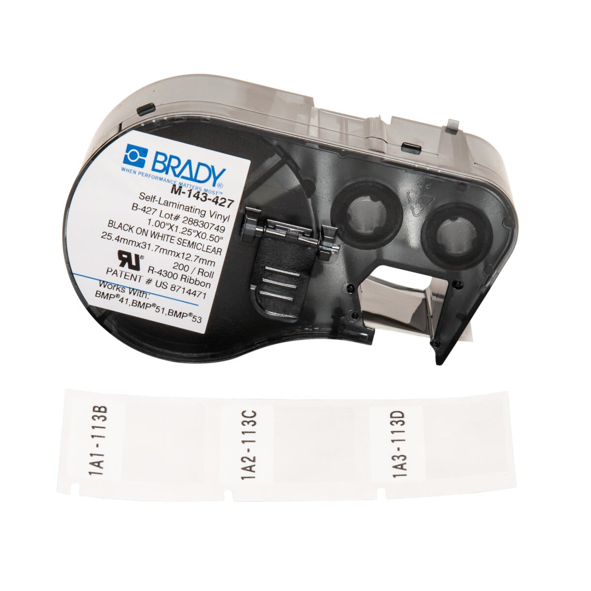 M-143-427 M Series Rectangular Label Marker Cartridge, 1-1/4 in L x 1/2 in W, For Use With BMP 41, BMP 51 and BMP 53 Label Makers, B-427 Vinyl, Black on Clear/White
