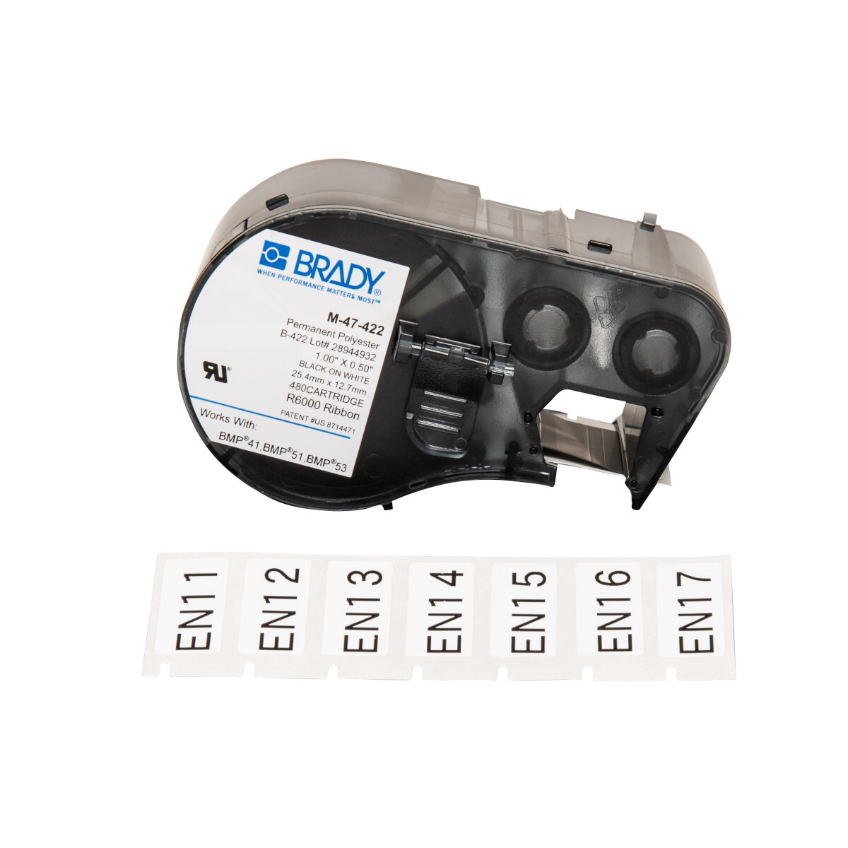 M-47-422 ToughBond M Series Rectangular Label Maker Cartridge, 1/2 in L x 1 in W, For Use With BMP 41, BMP 51 and BMP 53 Label Makers, B-422 Polyester, Black on White