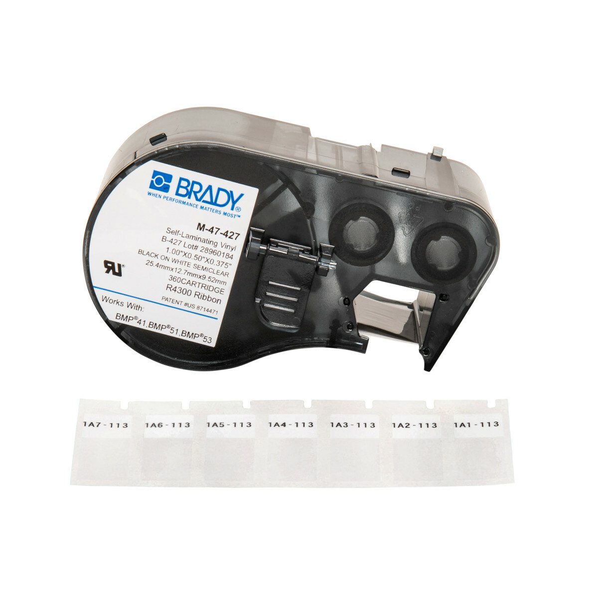 M-47-427 M Series Rectangular Label Marker Cartridge, 1 in L x 3/8 in W, For Use With BMP 41, BMP 51 and BMP 53 Label Makers, B-427 Vinyl, Black on Clear/White