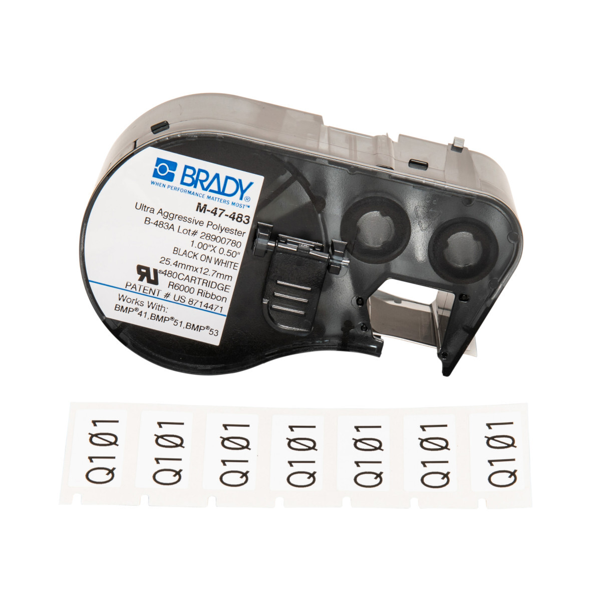 M-47-483 ToughBond M Series Rectangular Label Maker Cartridge, 1/2 in L x 1 in W, For Use With BMP 41, BMP 51 and BMP 53 Label Makers, B-483 Polyester, Black on White