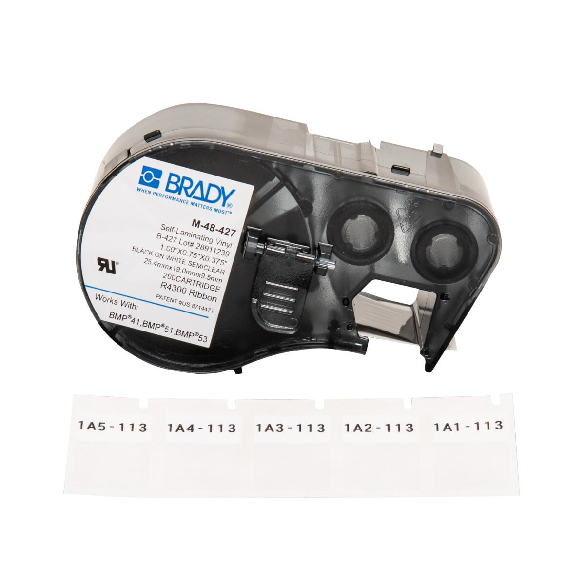 M-48-427 M Series Rectangular Label Marker Cartridge, 1 in L x 3/8 in W, For Use With BMP 41, BMP 51 and BMP 53 Label Makers, B-427 Vinyl, Black on Clear/White