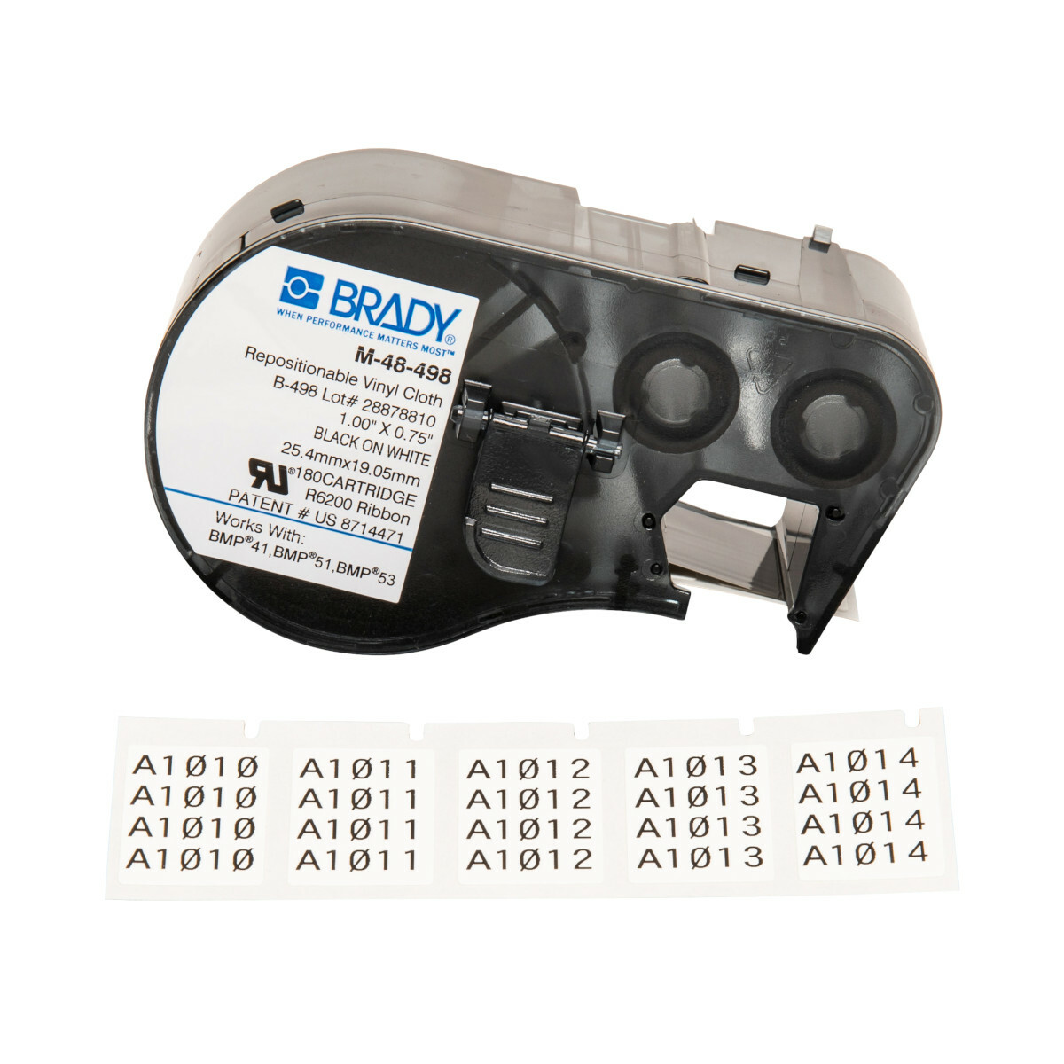 M-48-498 CleanLift M Series Rectangular Label Maker Cartridge, 1 in L x 3/4 in W, For Use With BMP 41, BMP 51 and BMP 53 Label Makers, B-498 Vinyl Coated Fabric, Black on White