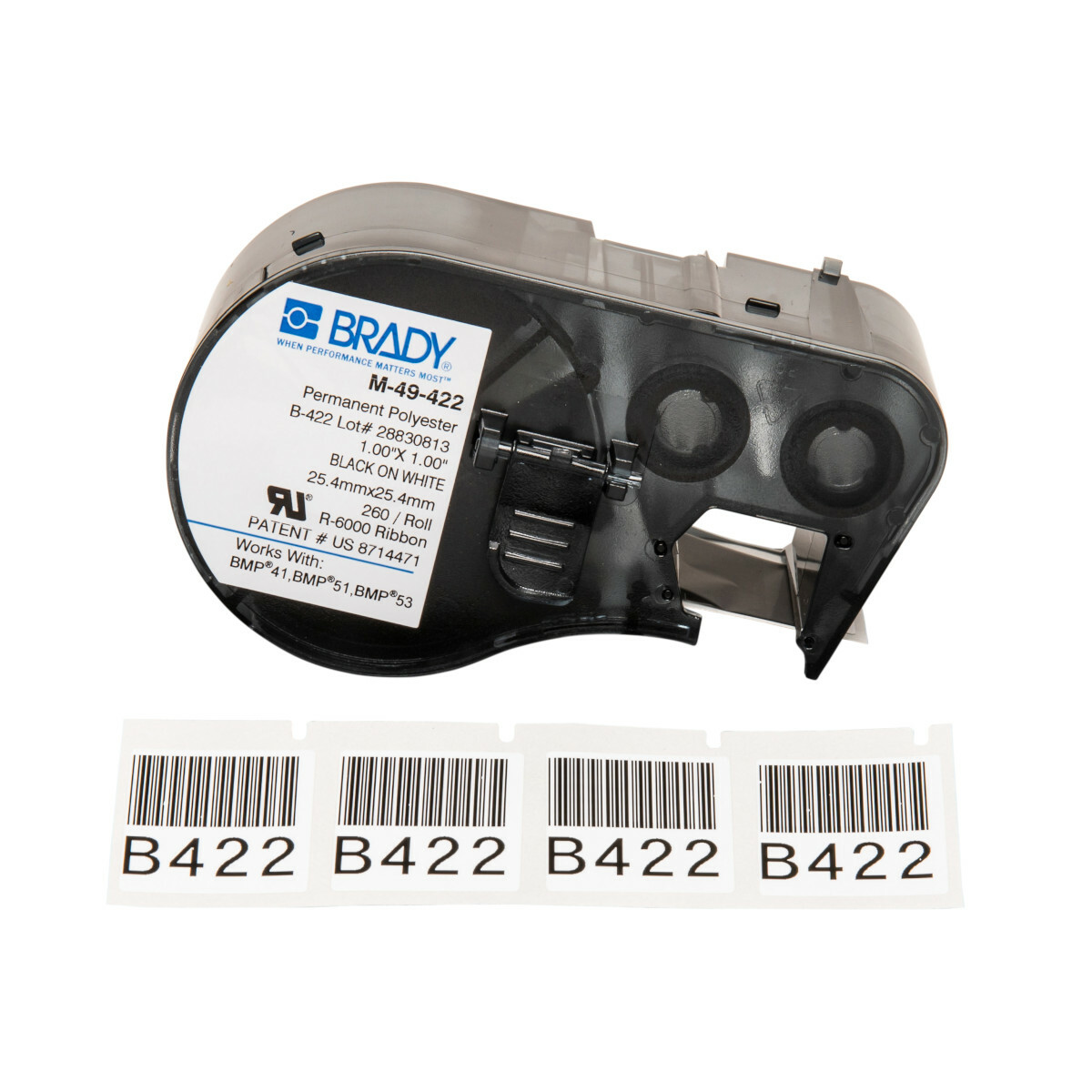 M-49-422 ToughBond M Series Rectangular Cartridge Label, 1 in L x 1 in W, For Use With BMP 41, BMP 51 and BMP 53 Label Makers, B-422 Polyester, Black on White