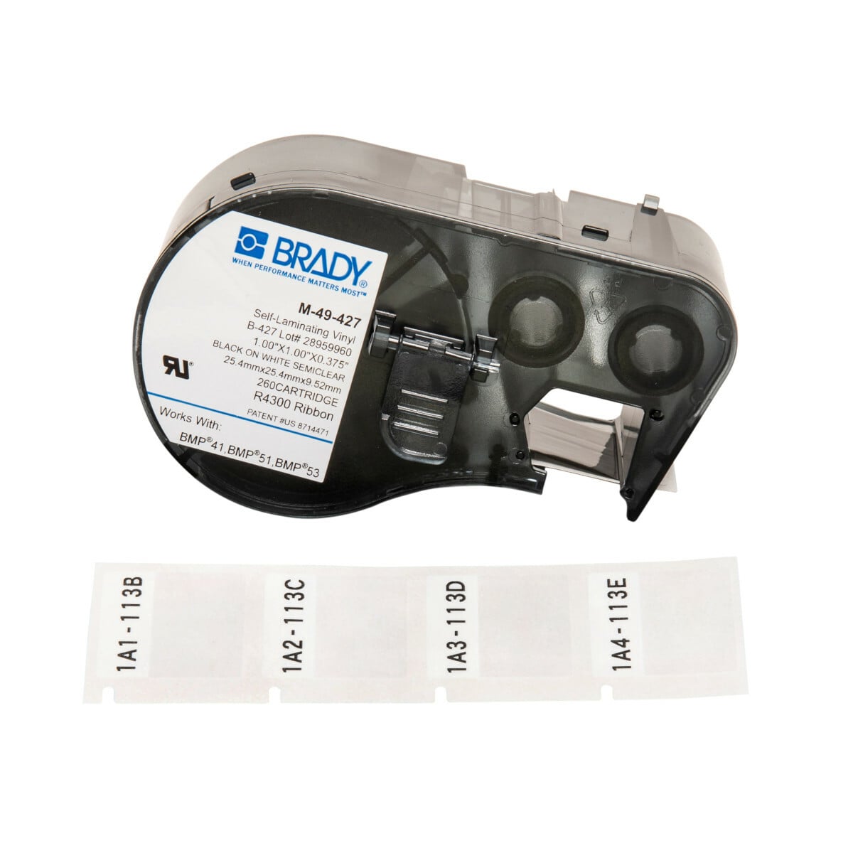 M-49-427 M Series Rectangular Label Marker Cartridge, 1 in L x 3/8 in W, For Use With BMP 41, BMP 51 and BMP 53 Label Makers, B-427 Vinyl, Black on Clear/White