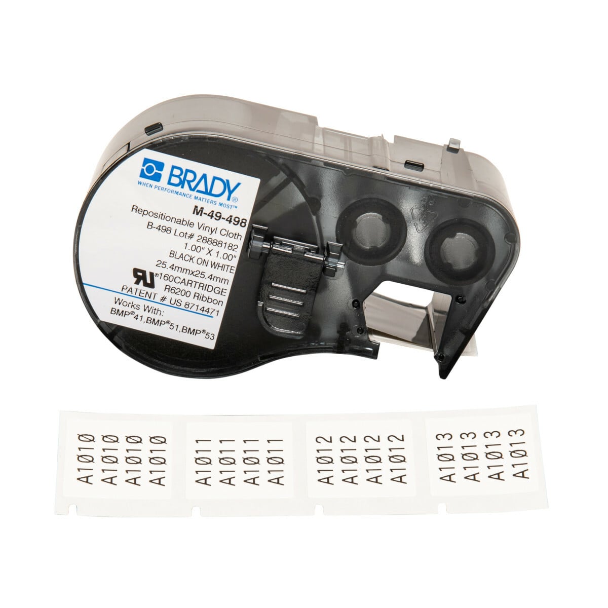 M-49-498 CleanLift M Series Square Label Maker Cartridge, 1 in L x 1 in W, For Use With BMP 41, BMP 51 and BMP 53 Label Makers, B-498 Vinyl Coated Fabric, Black on White