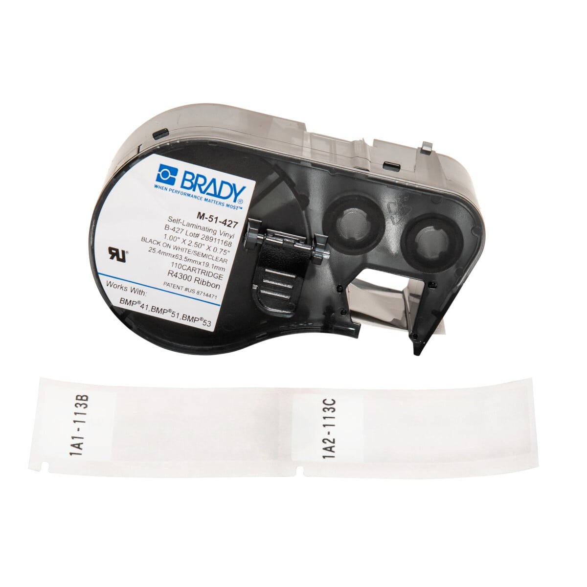 M-51-427 M Series Rectangular Label Marker Cartridge, 1 in L x 3/4 in W, For Use With BMP 41, BMP 51 and BMP 53 Label Makers, B-427 Vinyl, Black on Clear/White