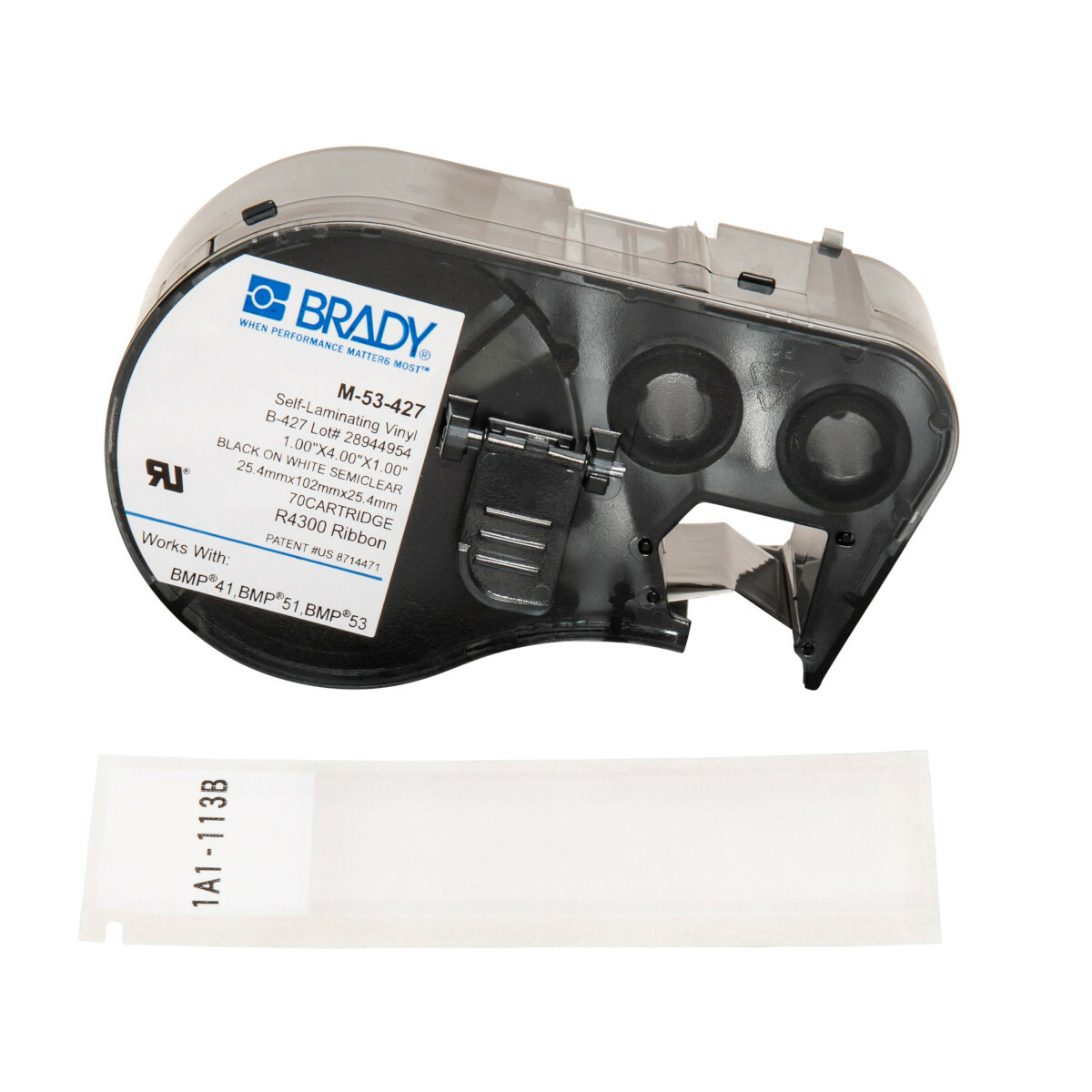 M-53-427 M Series Square Label Marker Cartridge, 1 in L x 1 in W, For Use With BMP 41, BMP 51 and BMP 53 Label Makers, B-427 Vinyl, Black on Clear/White