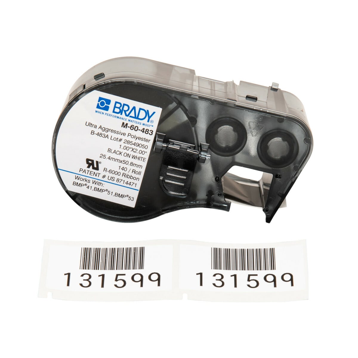 M-60-483 ToughBond M Series Rectangular Cartridge Label, 1 in L x 2 in W, For Use With BMP 41, BMP 51 and BMP 53 Label Makers, B-483 Polyester, Black on White
