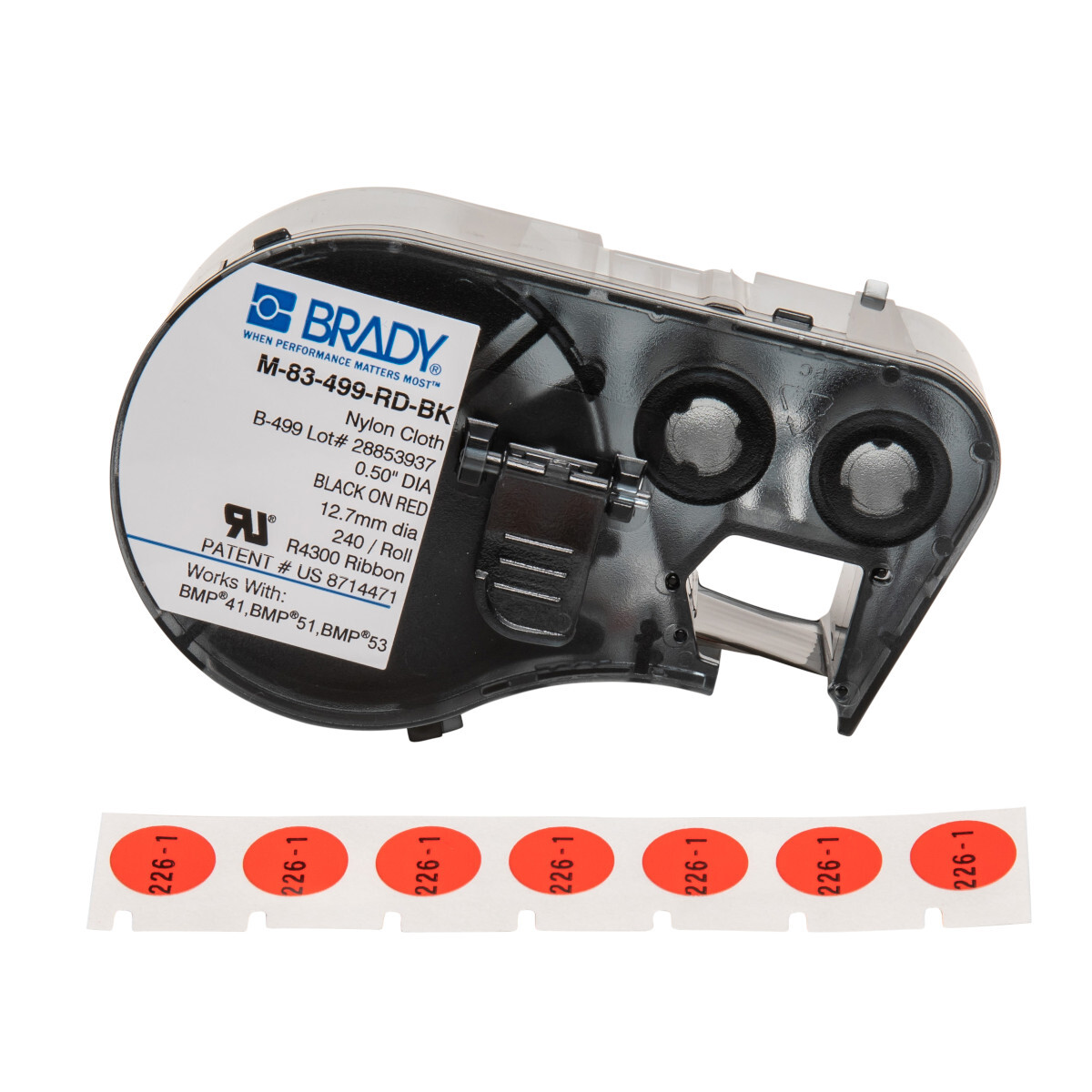 M-83-499-RD-BK M Series Circular Cartridge Label, 3/8 in L x 1/2 in W, For Use With BMP 51 and BMP 53 Label Maker, B-499 Polyamide Coated Nylon Cloth, Black on Red