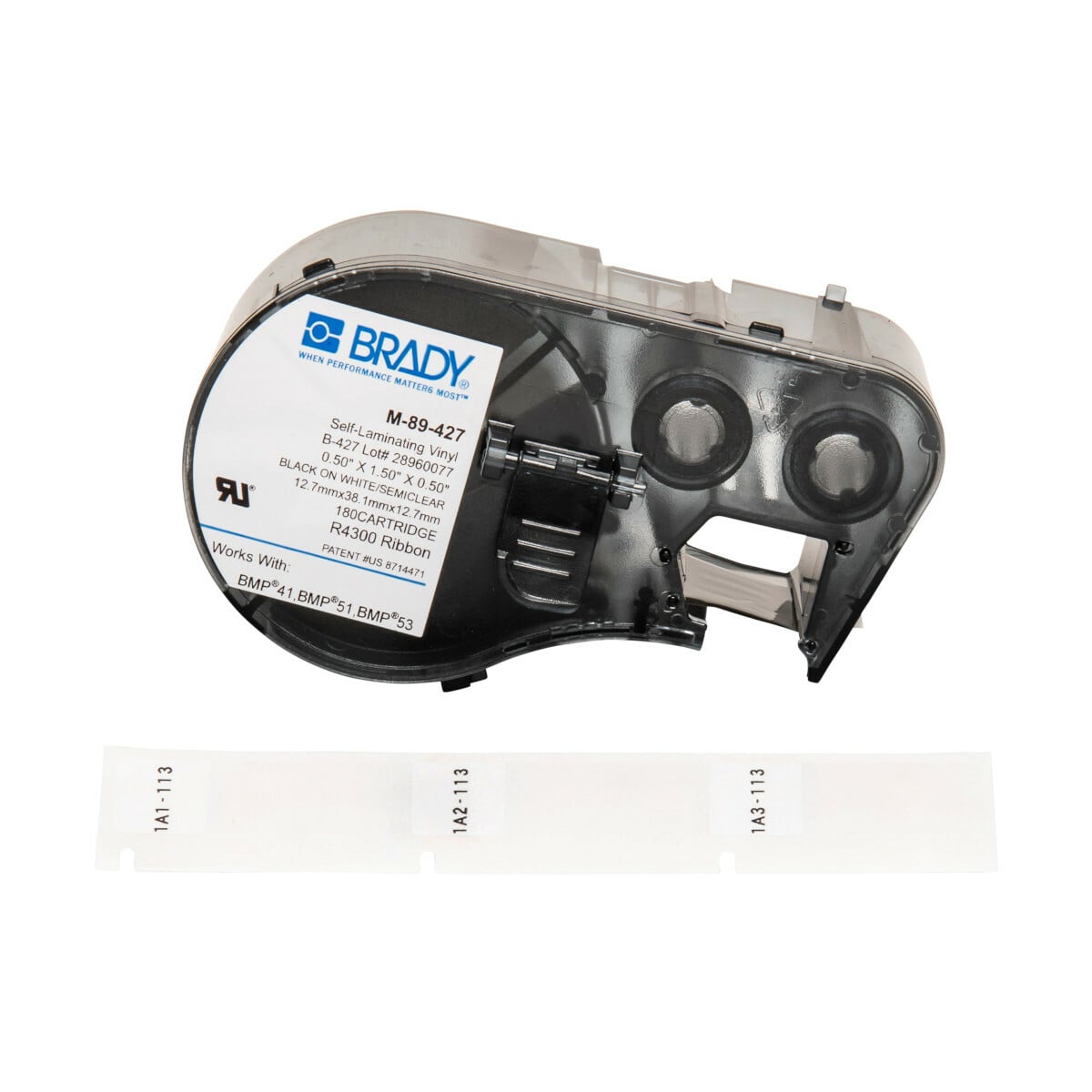 M-89-427 M Series Rectangular Label Marker Cartridge, 1/2 in L x 1/2 in W, For Use With BMP 41, BMP 51 and BMP 53 Label Makers, B-427 Vinyl, Black on Clear/White